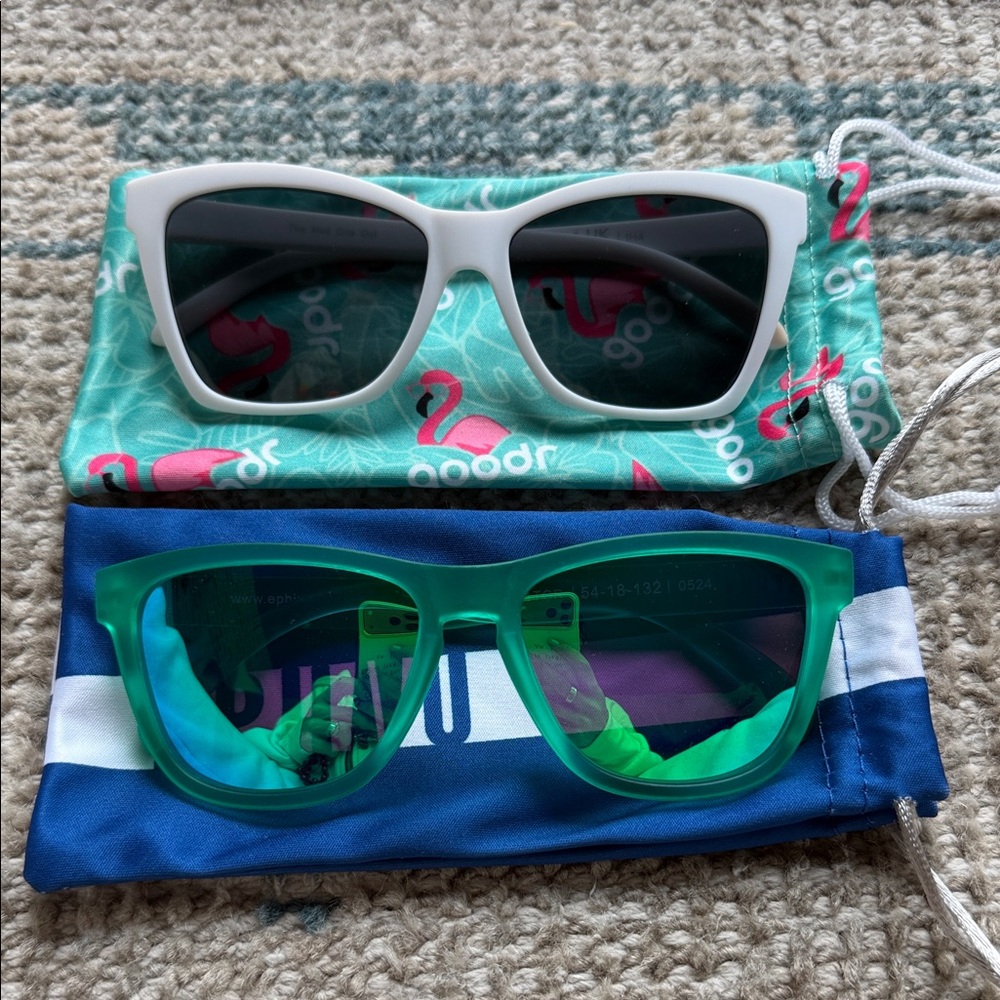 Goodr White The Mod One Out and Ephiu Green Sunglasses